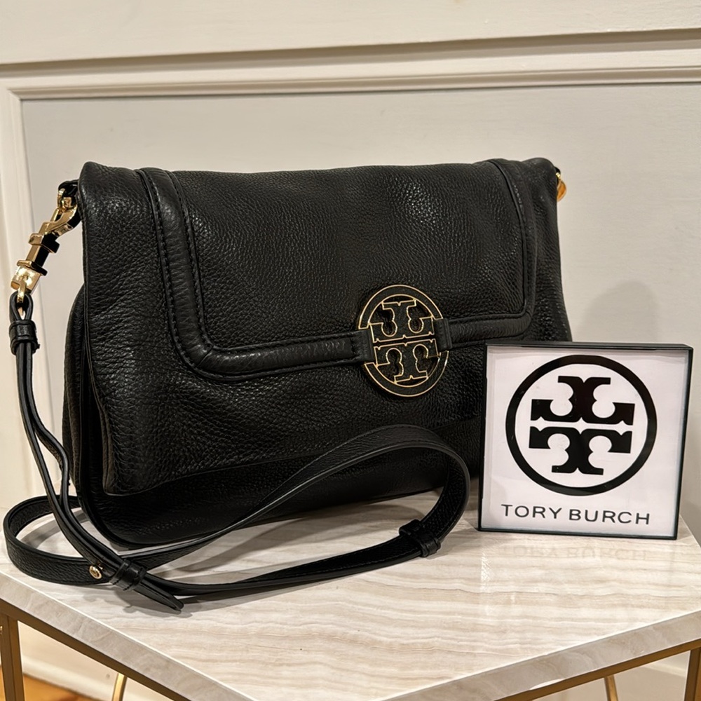 Tory Burch Amanda Pebbled Leather Fold-over Crossbody Bag EUC